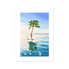 Palm tree set against blue sky and reflecting in clear turquoise water. Canvas wall art print. Portrait format.