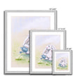 Gorgeous flopsy white rabbit watering the daisy flowers with a little blue watering can, fine art prints in a silver frame. Perfect Nursery Art. Different sizes