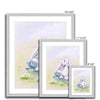 Gorgeous flopsy white rabbit watering the daisy flowers with a little blue watering can, fine art prints in a silver frame. Perfect Nursery Art. Different sizes