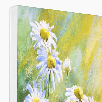 Daisy flower artwork, canvas fine art print. Close up of top corner detail and white wrap