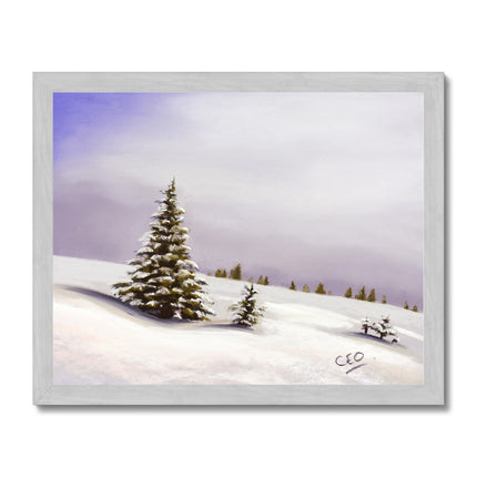 Snow covered winter landscape with fir trees, art print in silver frame. Portrait format