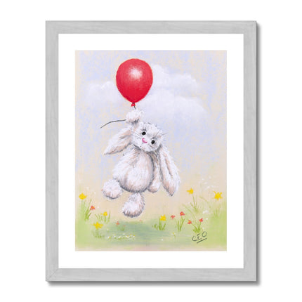 White rabbit, balloon and flowers nursery artwork print in silver frame