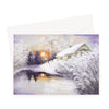 Snow covered village landscape artwork, greeting card. Landscape orientation