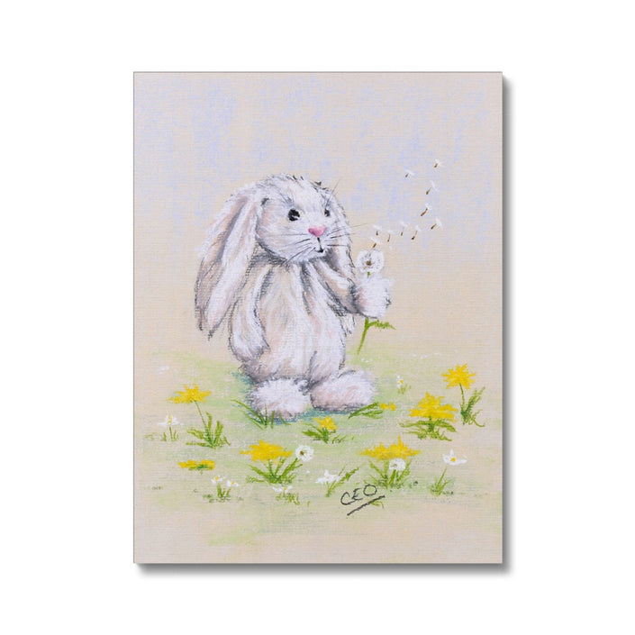 Adorable white rabbit, dandelion seeds and flowers canvas art print