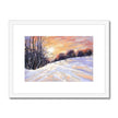 Snowy winter landscape at sunset painting. Fine art print in white frame with white mount. Landscape orientation