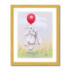 White rabbit, balloon and flowers artwork print in gold frame.