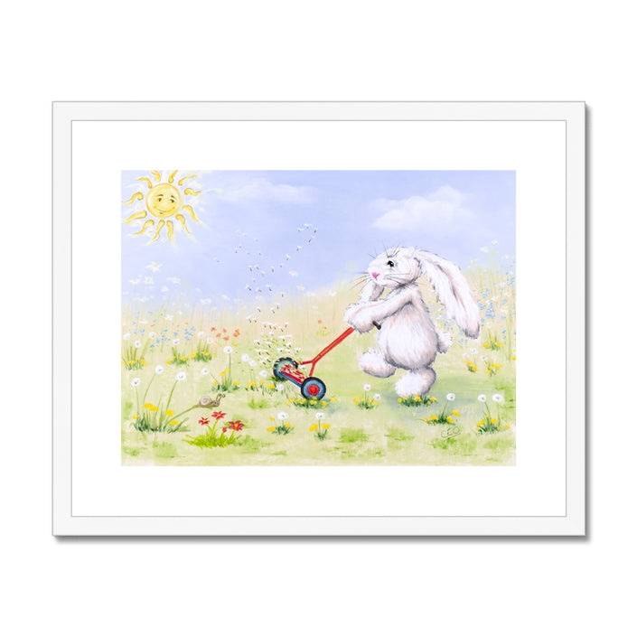 Adorable white rabbit in meadow flowers. Art print in white frame with a white mount.