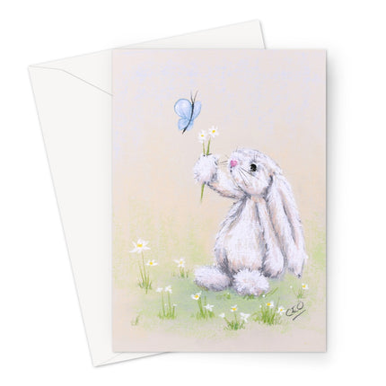 Adorable white rabbit offering a butterfly a bouquet of daisies, art greeting card. Portrait orientation