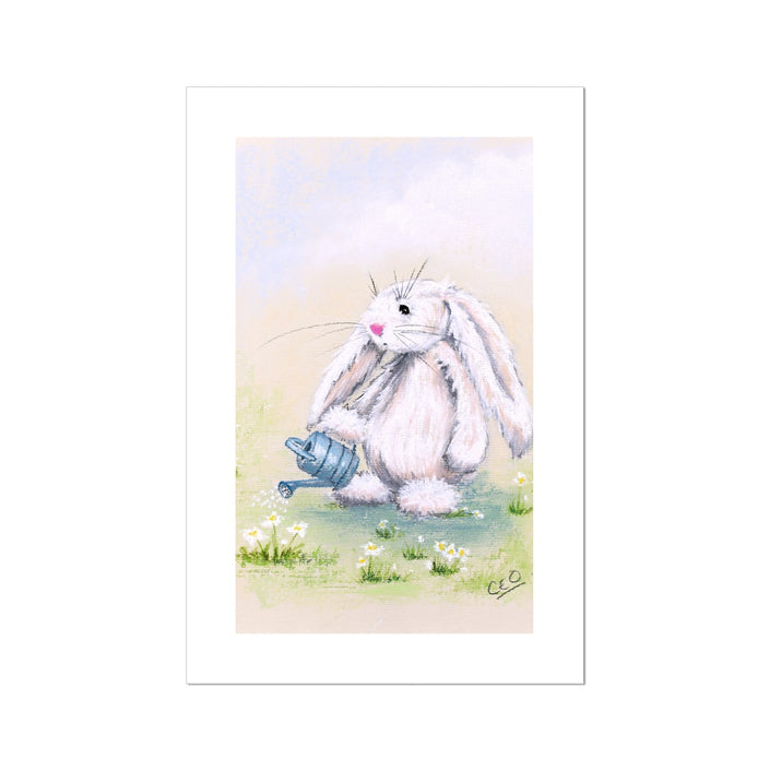 Adorable white rabbit watering the daisies with a little blue watering can artwork. Nursery fine art canvas print. Eco and vegan-friendly wall art