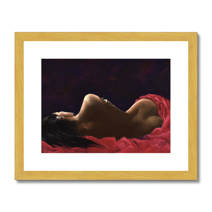 Young Woman draped in Red Velvet, fine art print with gold frame and white mount.