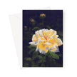 Golden yellow rose against a dark violet background, floral art greeting card. Portrait orientation