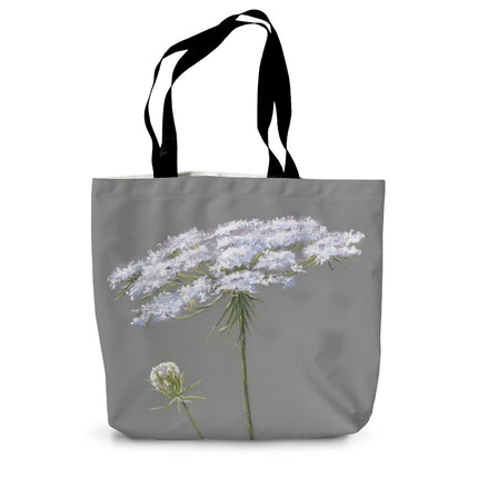 Grey and white flower art canvas tote bag.