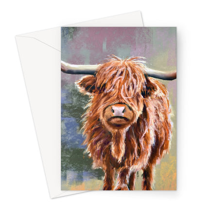 Colourful Scottish Highland Cow artwork greeting card. Portrait format