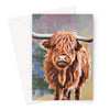 Colourful Scottish Highland Cow artwork greeting card. Portrait format