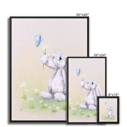 Beautiful rabbit, butterfly and daisy flower fine art canvas prints. Nursery art prints, framed and ready to hang