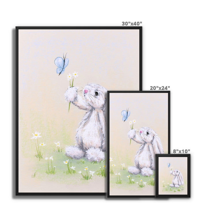 Beautiful rabbit, butterfly and daisy flower fine art canvas prints. Nursery art prints, framed and ready to hang