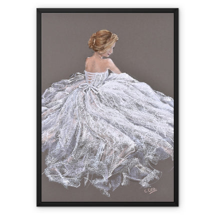 Beautiful young woman in a white dress artwork. Canvas fine art print with black picture frame. Ready to hang 