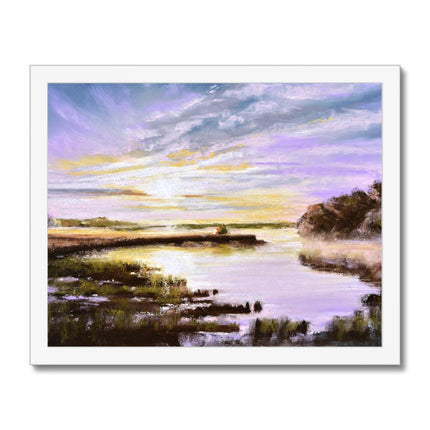 Marshland sunset artwork framed print. White frame.