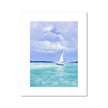 Beautiful white sailing boat on a calm turquoise ocean in summer, art print. Portrait orientation