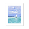 Beautiful white sailing boat on a calm turquoise ocean in summer, art print. Portrait orientation