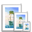 Palm tree artwork. Fine art prints in a silver frame with white mount. Portrait format. Different sizes