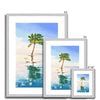 Palm tree artwork. Fine art prints in a silver frame with white mount. Portrait format. Different sizes