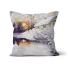 Snowy winter landscpae at sunset, delicate art throw pillow. Square