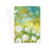 Fluffy white dandelion seeds heads art greeting card. Portrait format