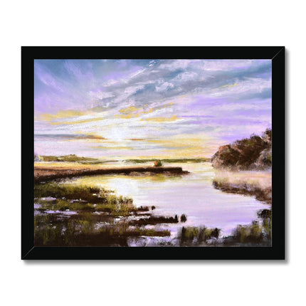 Marshland sunset artwork framed print. Black frame.