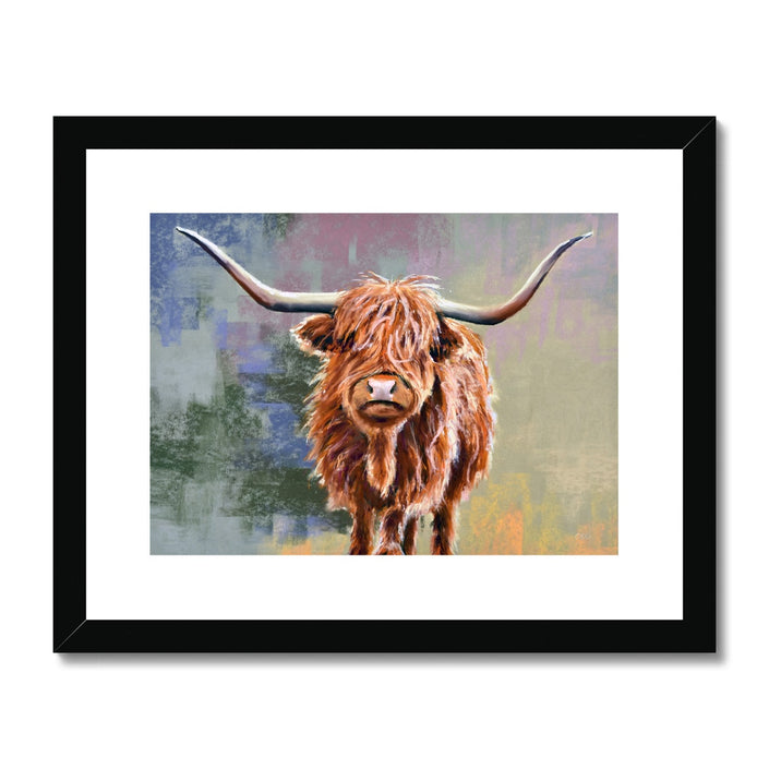 Scottish Highland Cow art print in black frame with a white mount