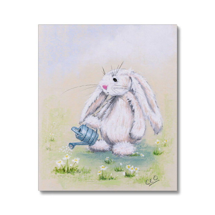 Adorable white rabbit watering the daisies with a little blue watering can, canvas nursery art print. Ready to hang