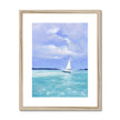 White Sailboat, summertime seascape fine art print in natural frame with white mount. Portrait format