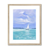 White Sailboat, summertime seascape fine art print in natural frame with white mount. Portrait format