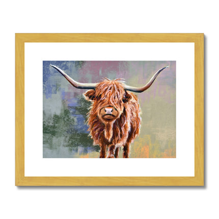 Scottish Highland Cow painting, fine art print in a gold frame with a white mount