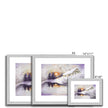 Sunset snow covered village landscape, art prints in silver frame with white mount. Different sizes