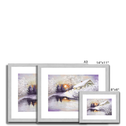 Sunset snow covered village landscape, art prints in silver frame with white mount. Different sizes