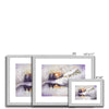 Sunset snow covered village landscape, art prints in silver frame with white mount. Different sizes