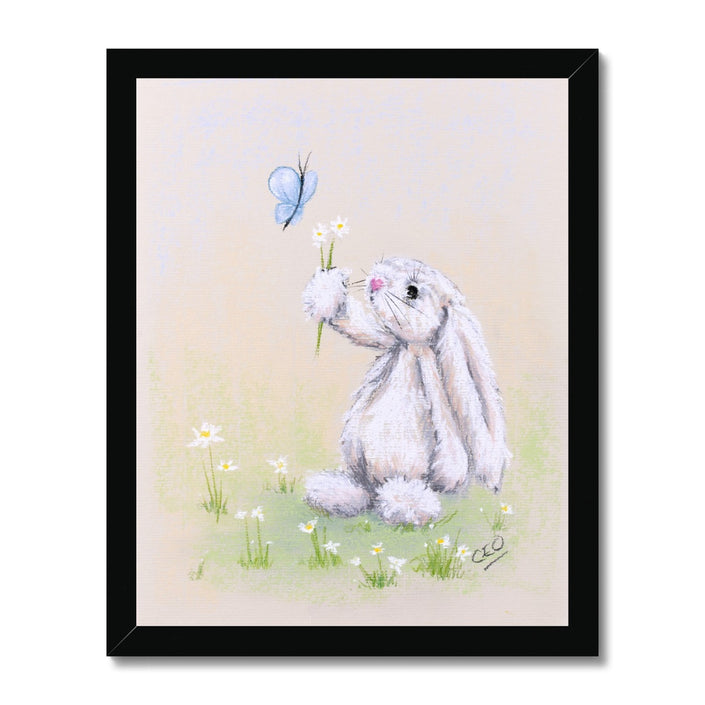 Adorable rabbit, flowers and butterfly painting. Nursery art print in black frame.