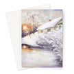 Snow covered village landscape artwork, greeting card. Portrait orientation