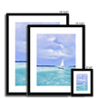 White Sailboat afloat tranquil turquoise sea, nautical painting. Art prints in black frame with white mount. Portrait format