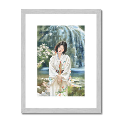 Japanese Kimono art. Fine art print with a silver frame and a white mount. Portrait orientation