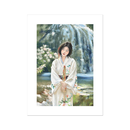 Beautiful woman wearing a white Japanese Kimono. Artwork, fine art canvas print. Unmounted