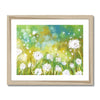 Dandelion seed heads and grasses artwork print in natural light wooden frame. Landscape format.