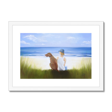 A Boy and His Dog at the beach painting. Fine art print in a white frame. Landscape orientation