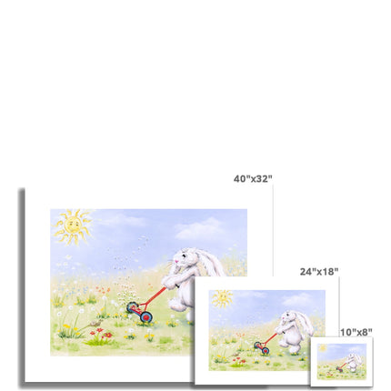 White flopsy rabbit and meadow flowers artwork. Unframed canvas prints with white border. Different sizes. Unframed 