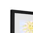 Fine art print in black frame with a white mount. Top corner detail