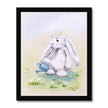 Adorable white rabbit, watering can and daisies painting. Nursery art print in a black frame