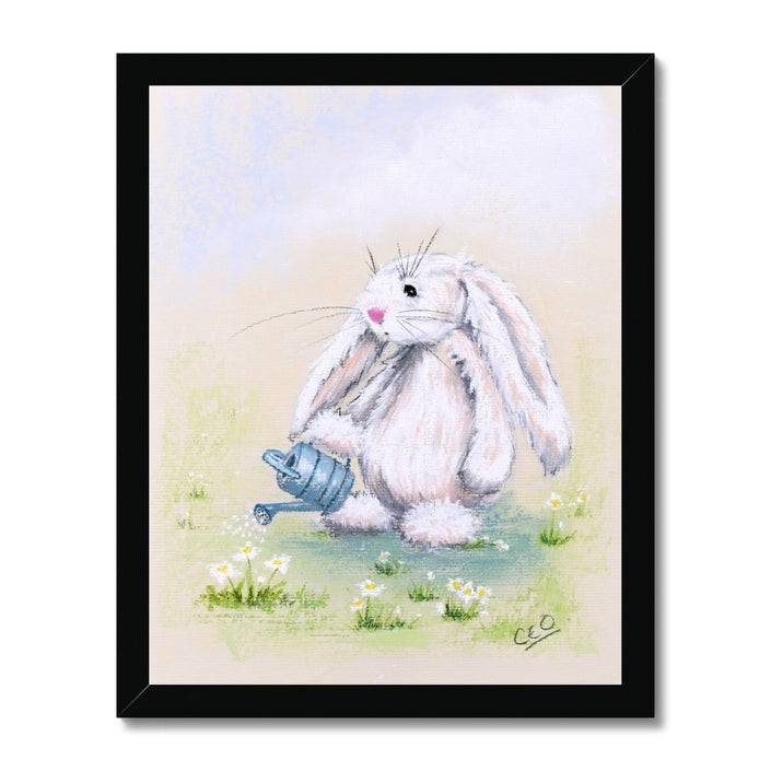 Adorable white rabbit, watering can and daisies painting. Nursery art print in a black frame