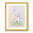 Beautiful rabbit, flowers and butterfly nursery art print in a gold frame. Portrait format.