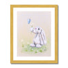 Beautiful rabbit, flowers and butterfly nursery art print in a gold frame. Portrait format.